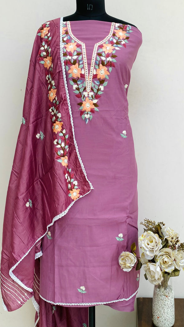 Designer Embroidered Suit Length 3 Piece Onion Pink Mal Cotton With Parsi Work