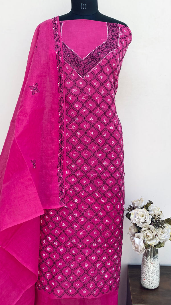 Lucknowi Chikankari Suit Length 3 Piece Pink Cotton With Embroidered Cotton Dupatta