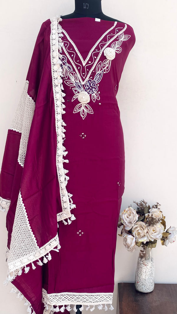 Designer Embroidered Suit Length 3 Piece Wine Mal Chanderi With Pearl & Mirror Work