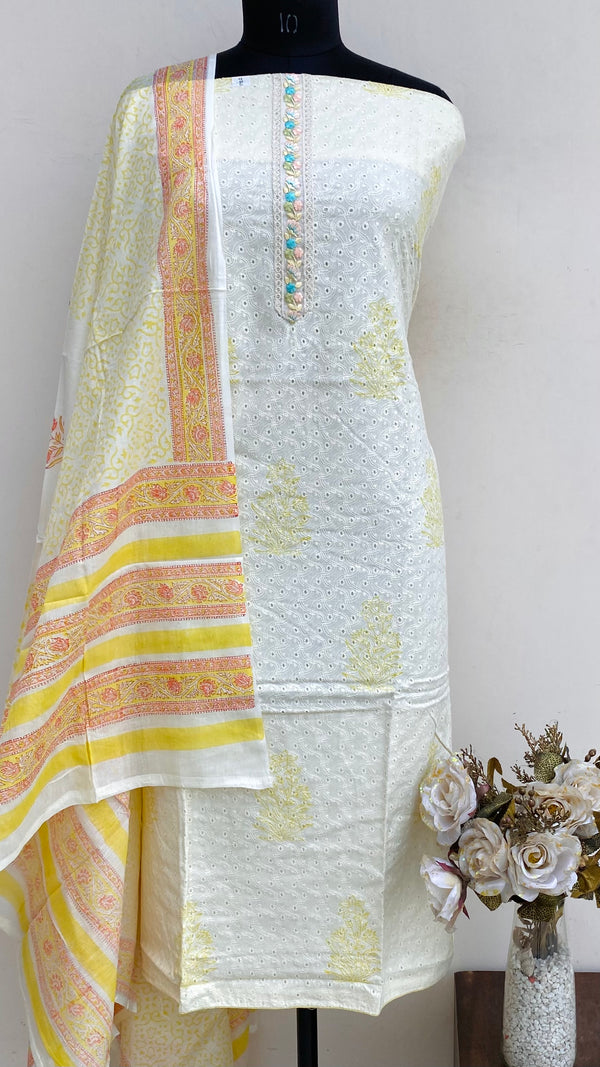 Designer Embroidered Suit Length 3 Piece Cream Mal Cotton With Sequence Work