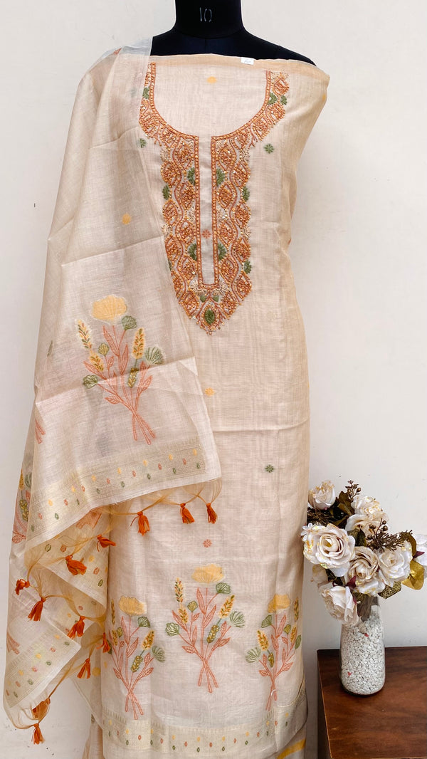 Designer Embroidered Suit Length 3 Piece Beige Linen With Sequence Work