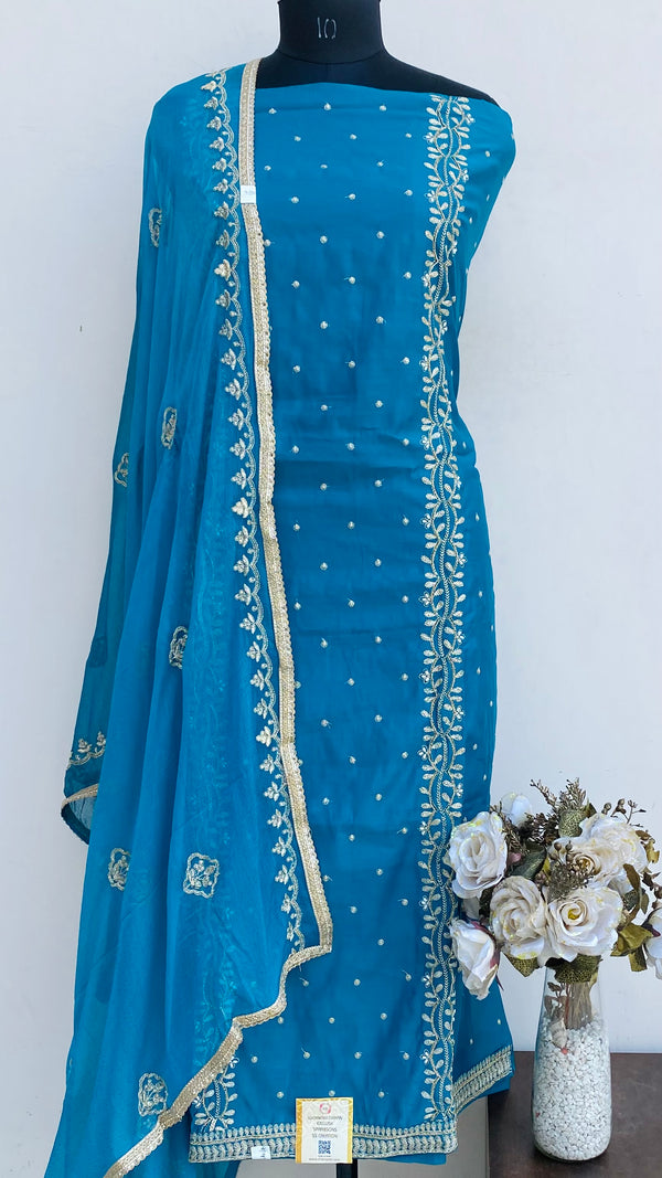 Designer Embroidered Suit Length 3 Piece Blue Mal Chanderi With Pearl & Cutdana Work