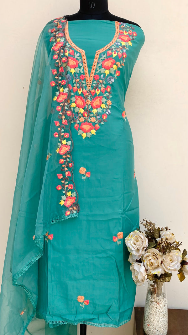 Designer Embroidered Suit Length 3 Piece Turquoise Green Mal Cotton With Parsi Work