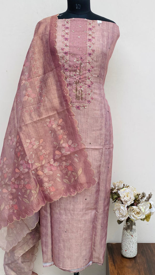 Designer Embroidered Suit Length 3 Piece Copper Tissue With Cutdana, Pearl & Sequence Work