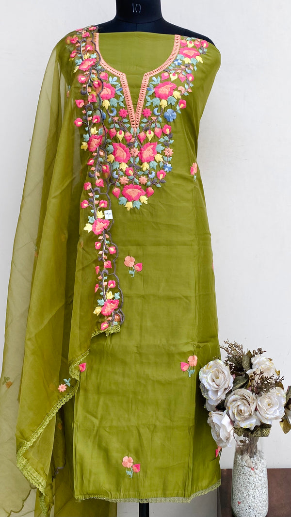 Designer Embroidered Suit Length 3 Piece Mehndi Green Mal Cotton With Parsi Work