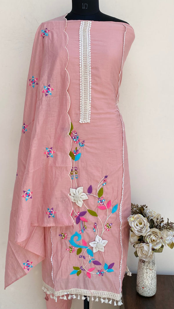 Designer Embroidered Suit Length 3 Piece Pink Mal Chanderi With Mirror Work