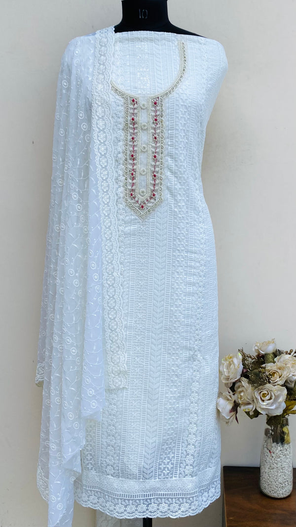 Chikankari Suit Length 3 Piece White Georgette With Pearl & Cutdana Work