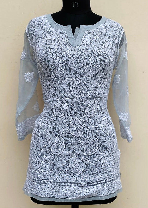 Lucknowi Chikankari Short Kurti Gray Georgette