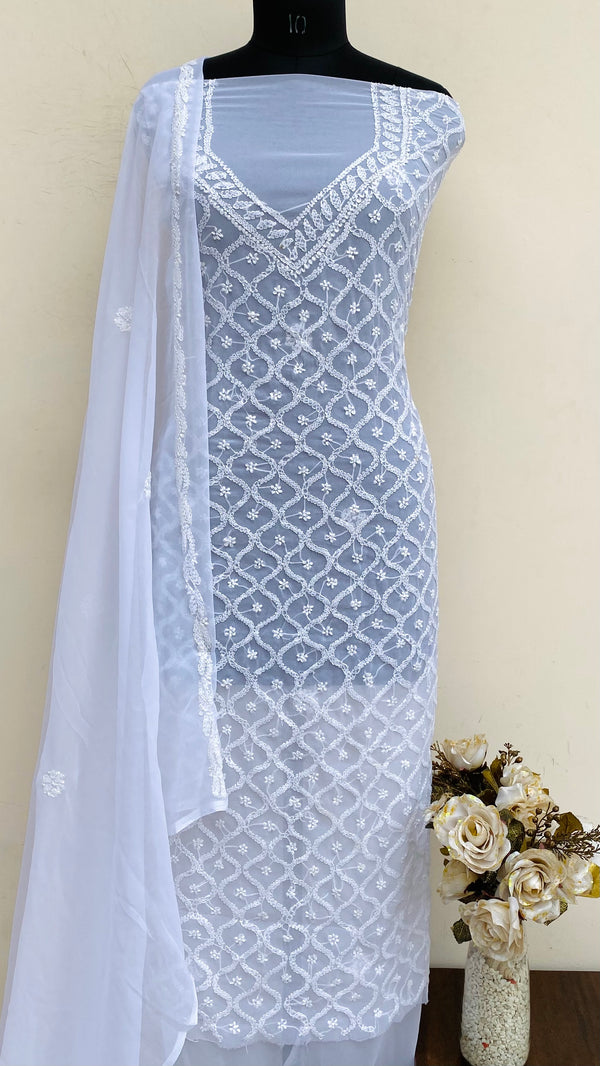 Lucknowi Chikankari Suit Length 3 Piece White Georgette