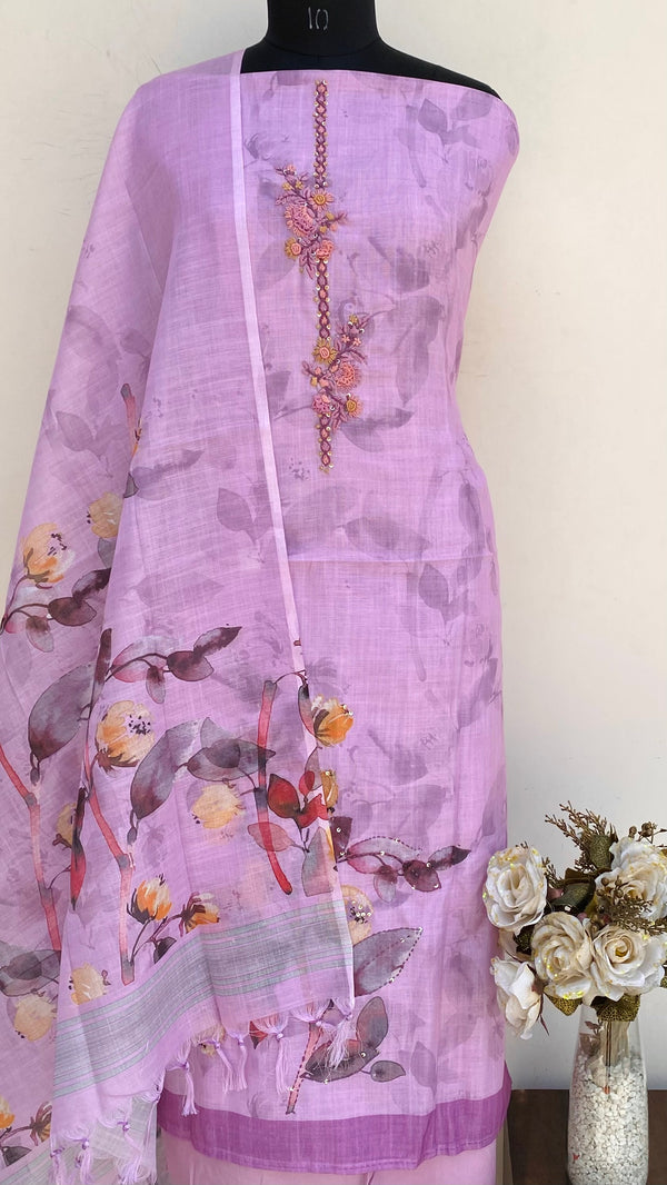 Designer Embroidered Suit Length 3 Piece Purple Linen