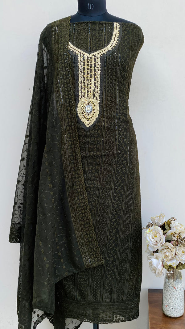 Chikankari Suit Length 3 Piece Bottle Green Georgette With Pearl & Cutdana Work
