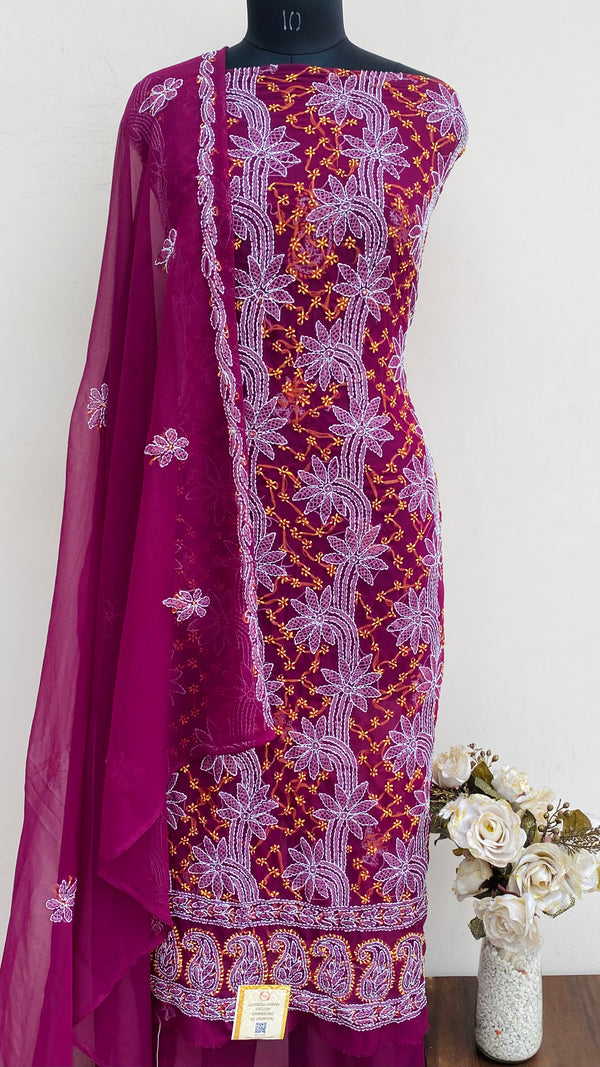 Lucknowi Chikankari Suit Length 3 Piece Wine Georgette