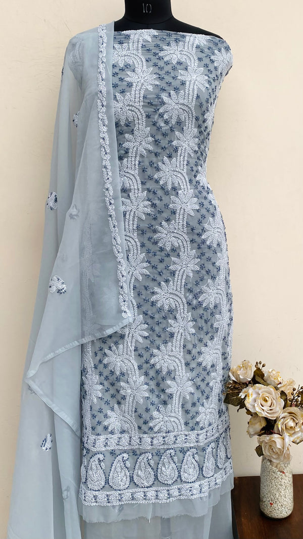 Lucknowi Chikankari Suit Length 3 Piece Gray Georgette
