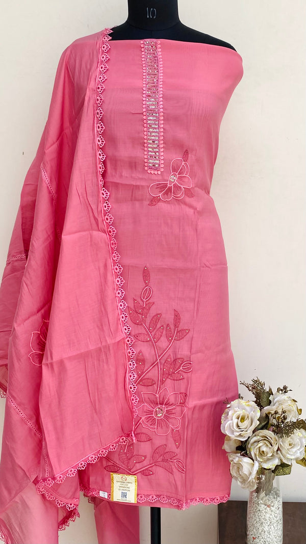 Designer Embroidered Suit Length 3 Piece Pink Muslin Cotton With Pearl & Sequence Work