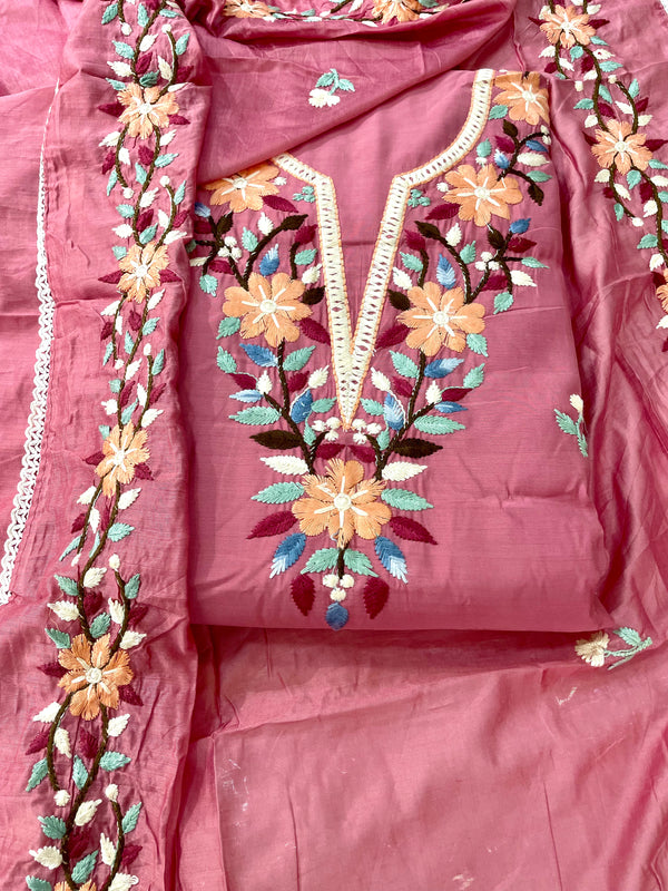 Designer Embroidered Suit Length 3 Piece Onion Pink Mal Cotton With Exclusive Parsi Work