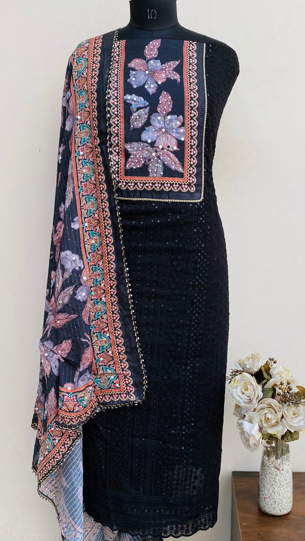 Chikankari Suit Length 3 Piece Black Georgette With Mirror Work