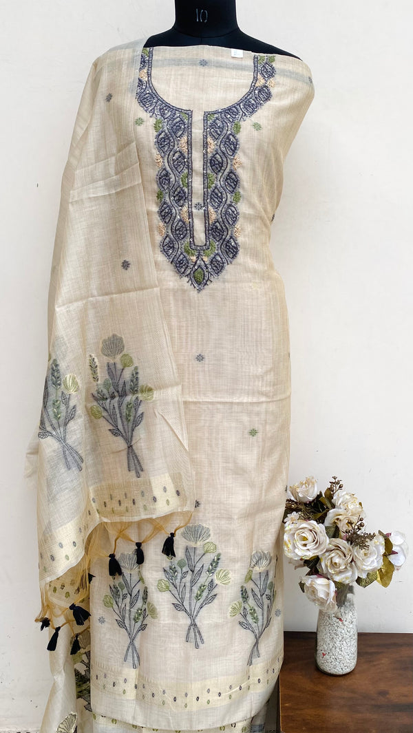 Designer Embroidered Suit Length 3 Piece Beige Linen With Sequence Work
