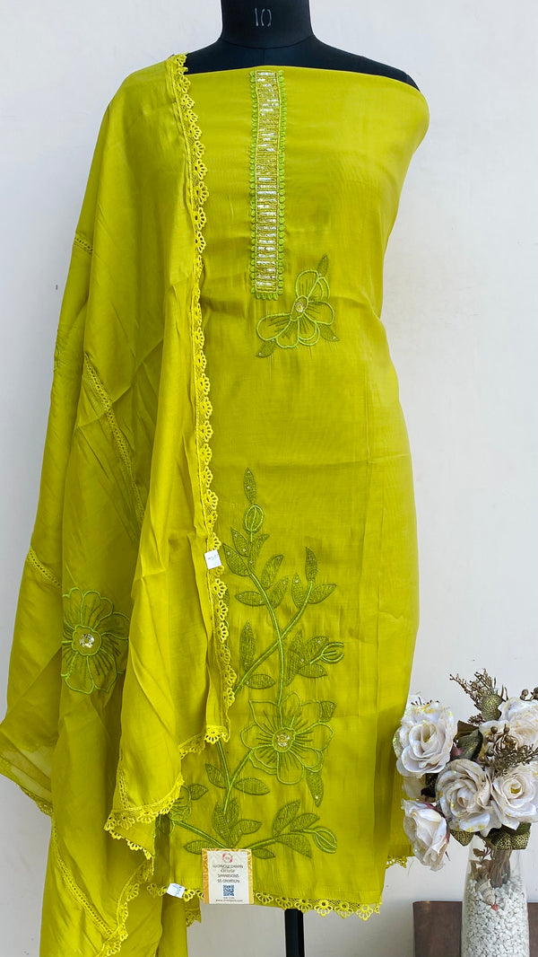 Designer Embroidered Suit Length 3 Piece Parrot Green Muslin Cotton With Pearl & Sequence Work