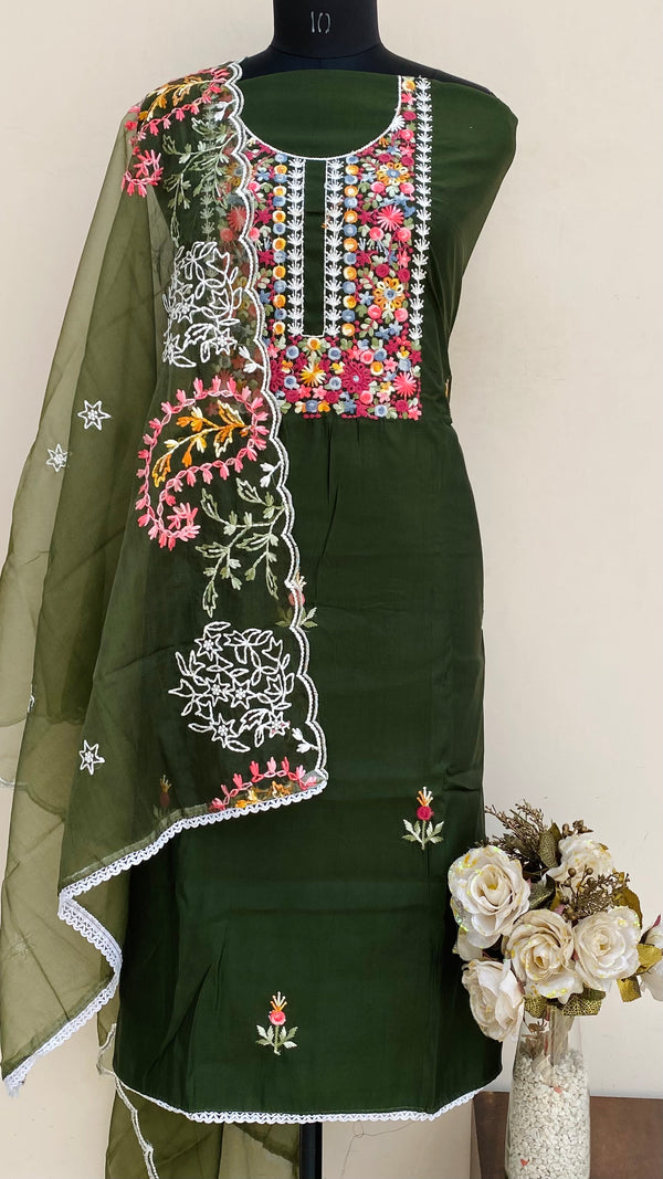 Designer Embroidered Suit Length 3 Piece Bottle Green Mal Cottoni With Parsi Work