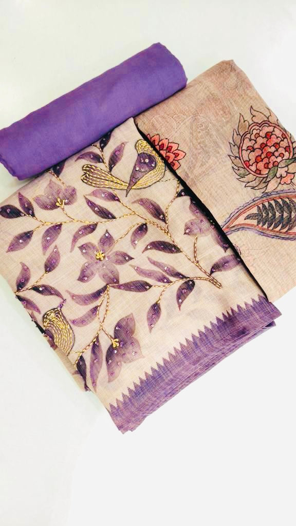 Embroidered Kantha Work Suit Length 3 Piece Beige Linen Cotton