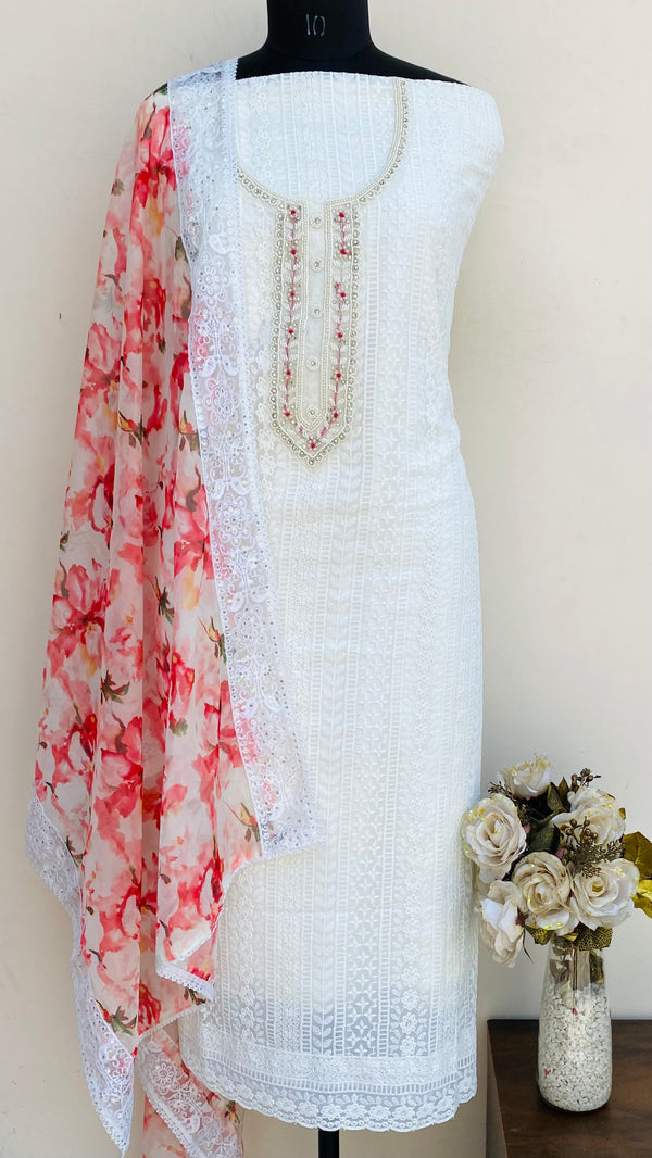 Chikankari Suit Length 3 Piece White Georgette With Pearl & Cutdana Work