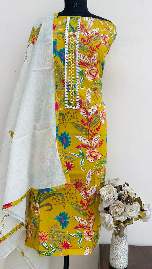 Designer Embroidered Suit Length 3 Piece Mustard Mal Cotton With Mirror Work