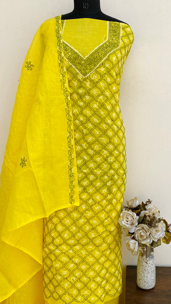 Lucknowi Chikankari Suit Length 3 Piece Yellow Cotton With Embroidered Cotton Dupatta