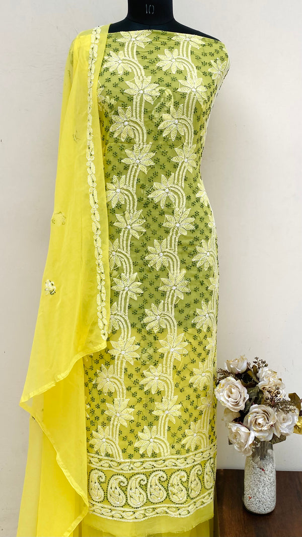 Lucknowi Chikankari Suit Length 3 Piece Yellow Georgette