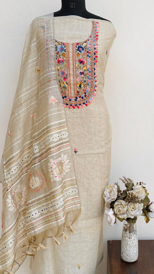 Designer Embroidered Suit Length 3 Piece Beige Linen Cotton With Kantha Work