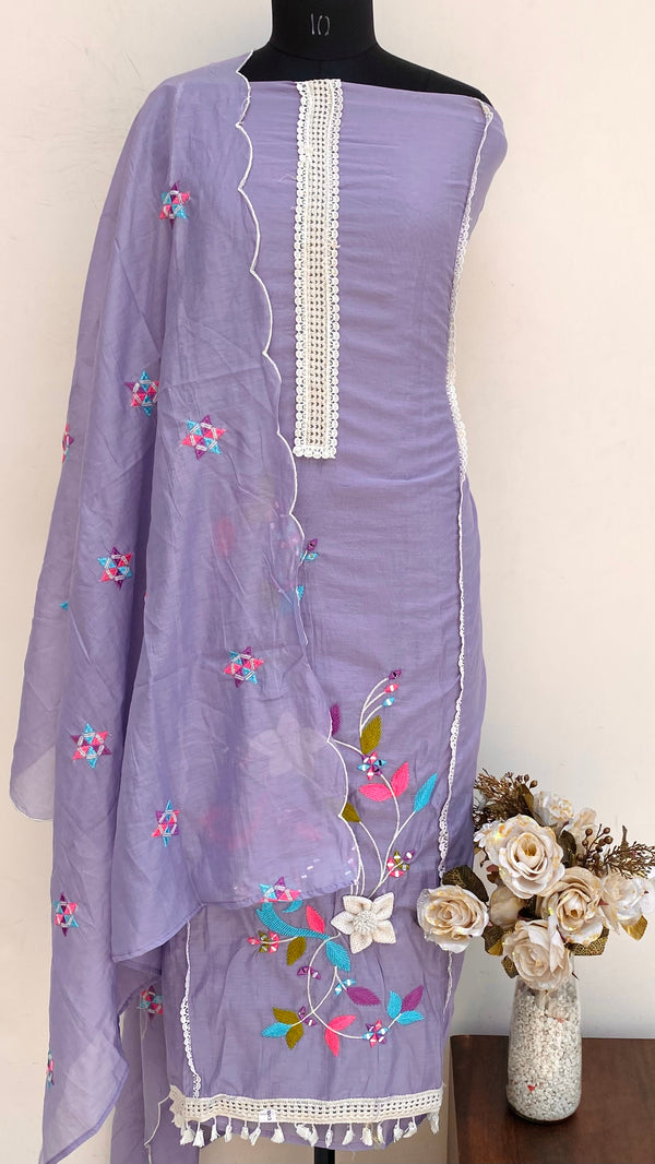 Designer Embroidered Suit Length 3 Piece Purple Mal Chanderi With Mirror Work