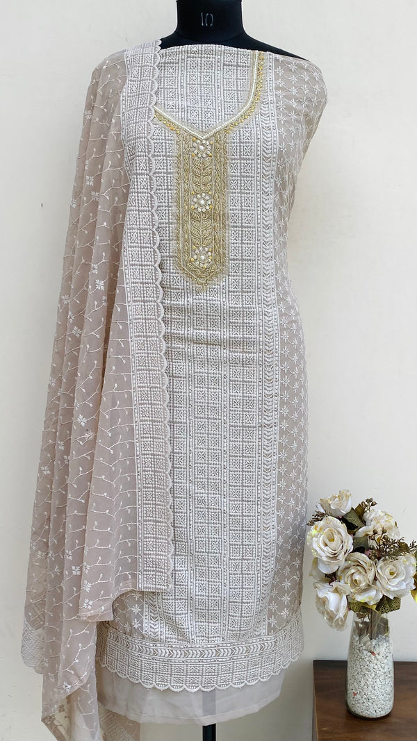 Chikankari Suit Length 3 Piece Beige Georgette With Pearl & Cutdana Work