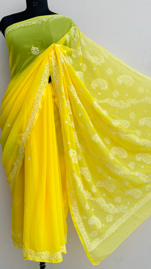 Lucknowi Chikankari Saree Yellow Georgette