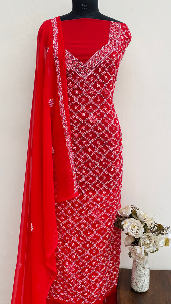 Lucknowi Chikankari Suit Length 3 Piece Red Georgette