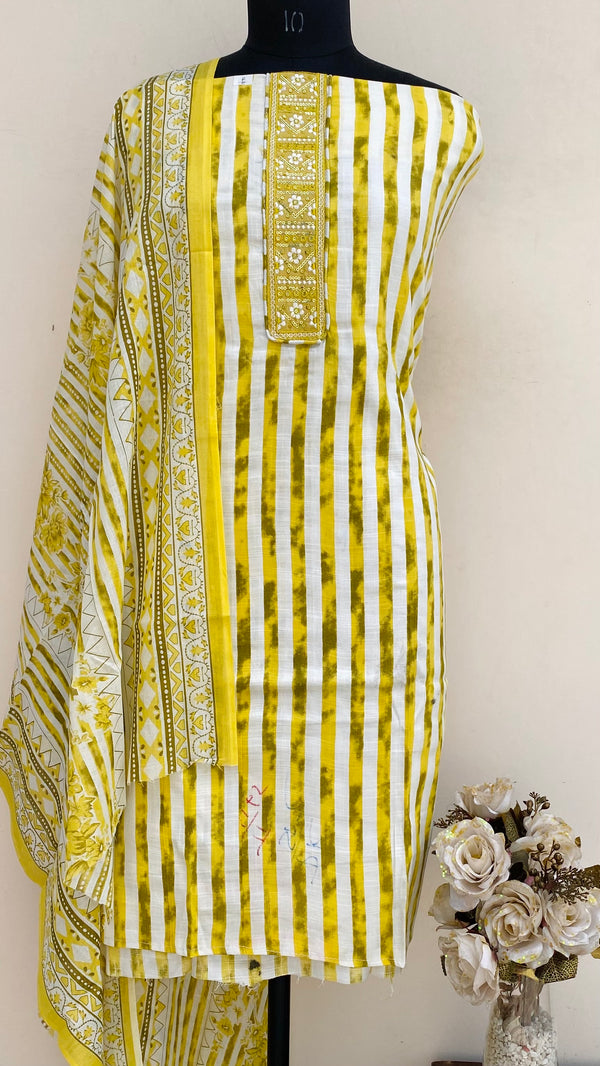Designer Embroidered Suit Length 3 Piece Mustard Mal Cotton With Sequence Work