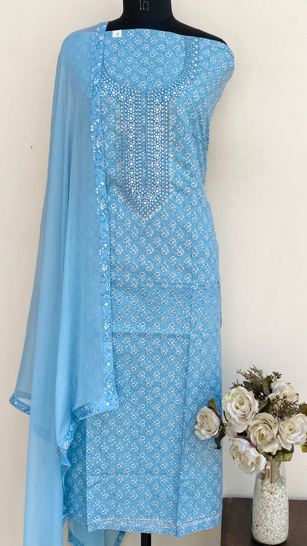 Designer Embroidered Suit Length 3 Piece Blue Mal Cotton