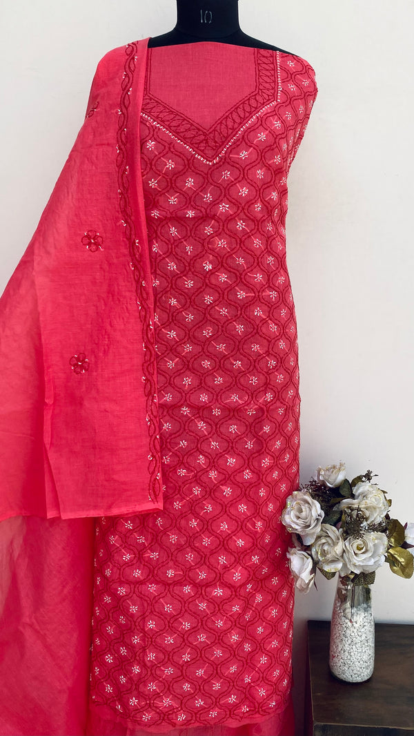 Lucknowi Chikankari Suit Length 3 Piece Pink Cotton With Embroidered Cotton Dupatta