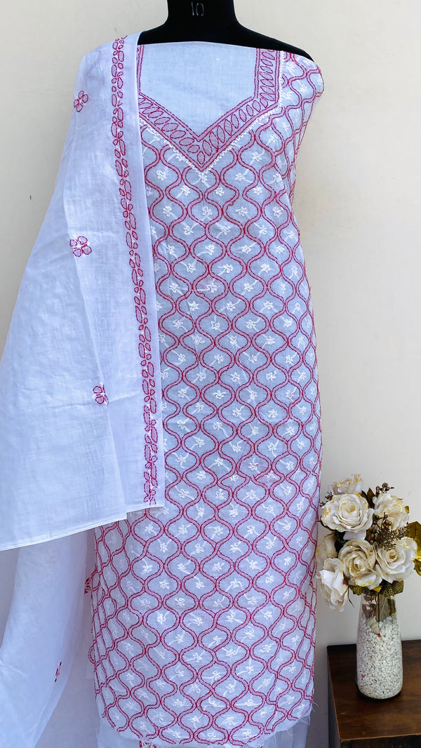 Lucknowi Chikankari Suit Length 3 Piece White Cotton With Embroidered Cotton Dupatta