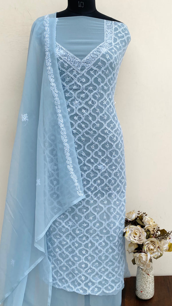 Lucknowi Chikankari Suit Length 3 Piece Gray Georgette
