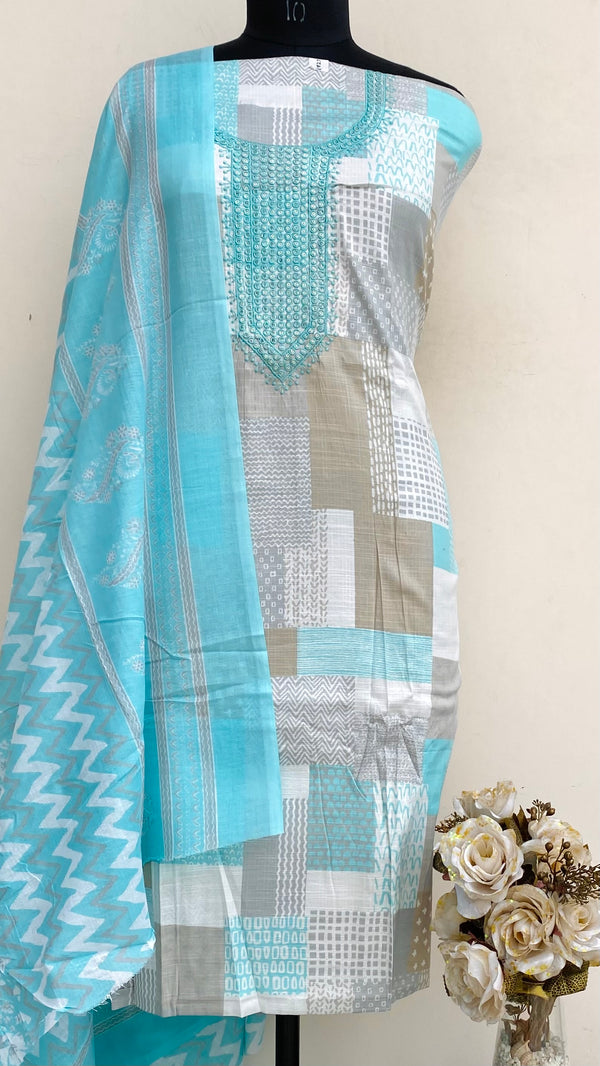 Designer Embroidered Suit Length 3 Piece Cream Mal Cotton With Sequence Work
