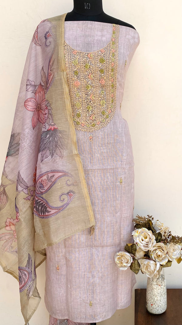 Designer Embroidered Suit Length 3 Piece Beige Linen With Sequence Work