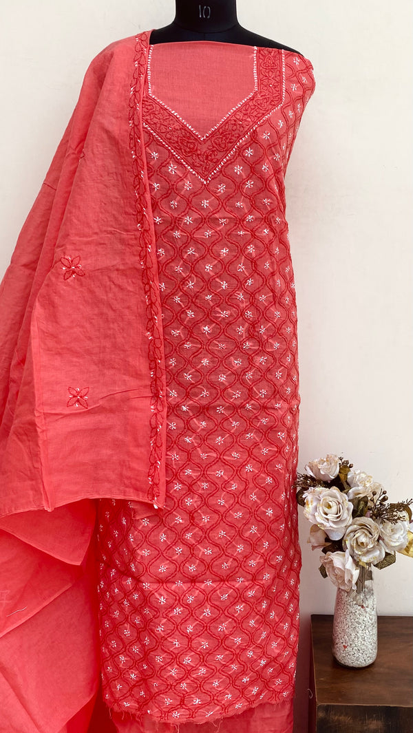Lucknowi Chikankari Suit Length 3 Piece Gajri Cotton With Embroidered Cotton Dupatta