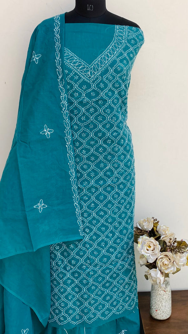 Lucknowi Chikankari Suit Length 3 Piece Sea Green Cotton With Embroidered Cotton Dupatta