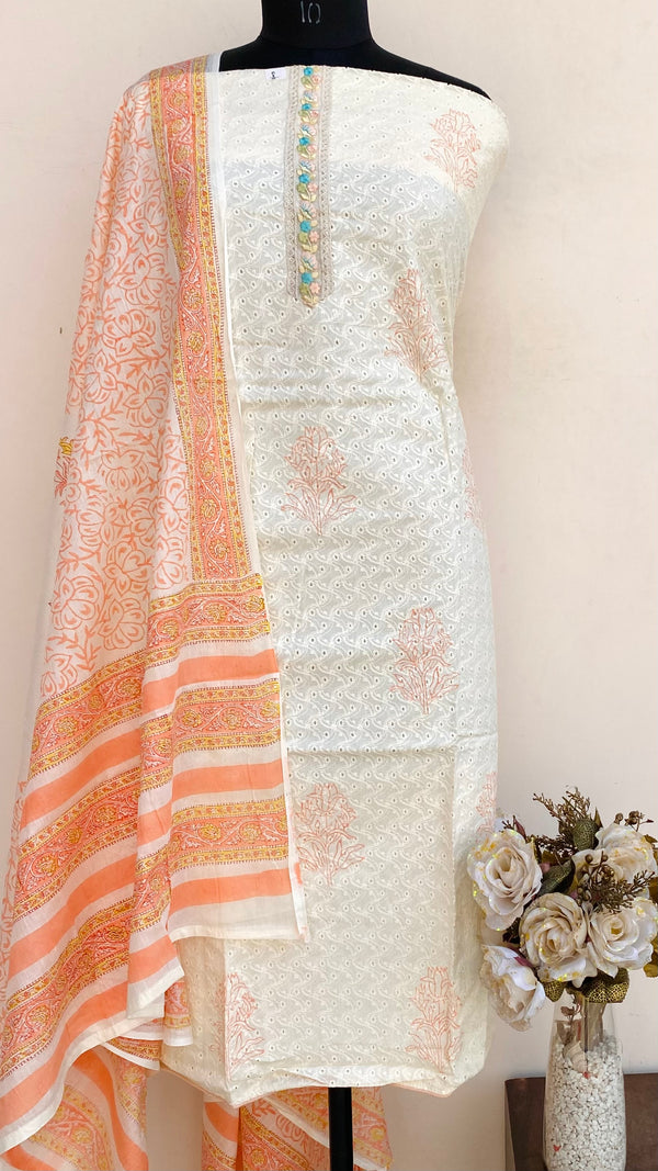 Designer Embroidered Suit Length 3 Piece Cream Mal Cotton With Sequence Work