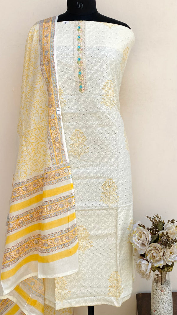 Designer Embroidered Suit Length 3 Piece Cream Mal Cotton With Sequence Work