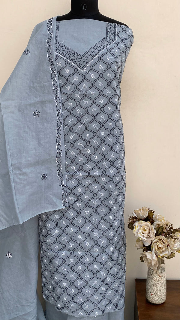 Lucknowi Chikankari Suit Length 3 Piece Gray Cotton With Embroidered Cotton Dupatta