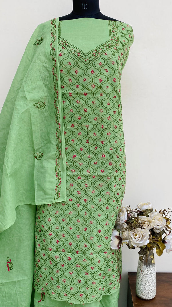 Lucknowi Chikankari Suit Length 3 Piece Green Cotton With Embroidered Cotton Dupatta