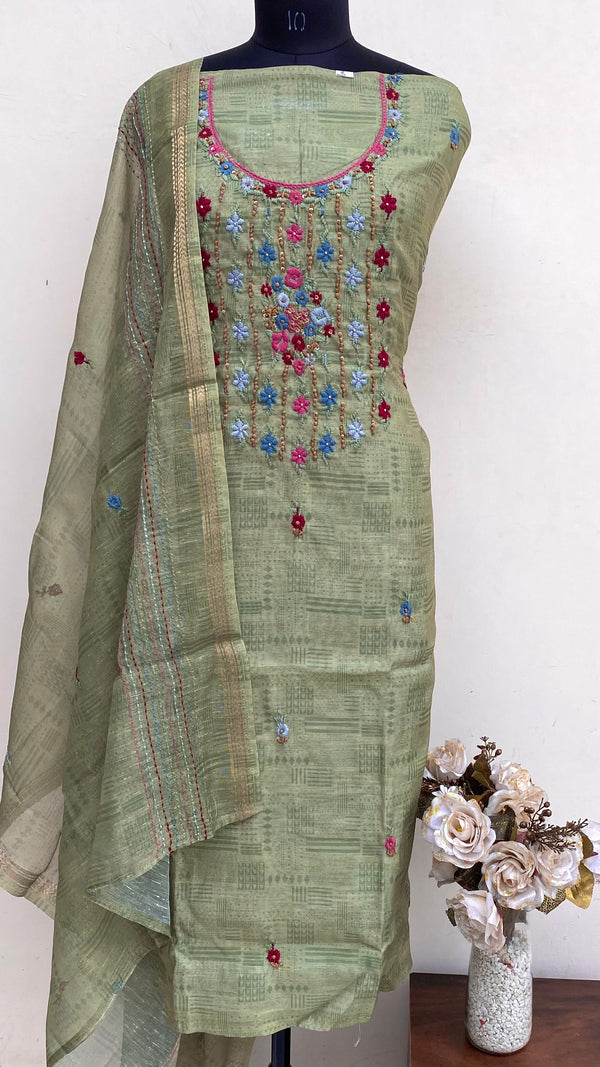 Designer Embroidered Suit Length 3 Piece Green Linen With Sequence Work