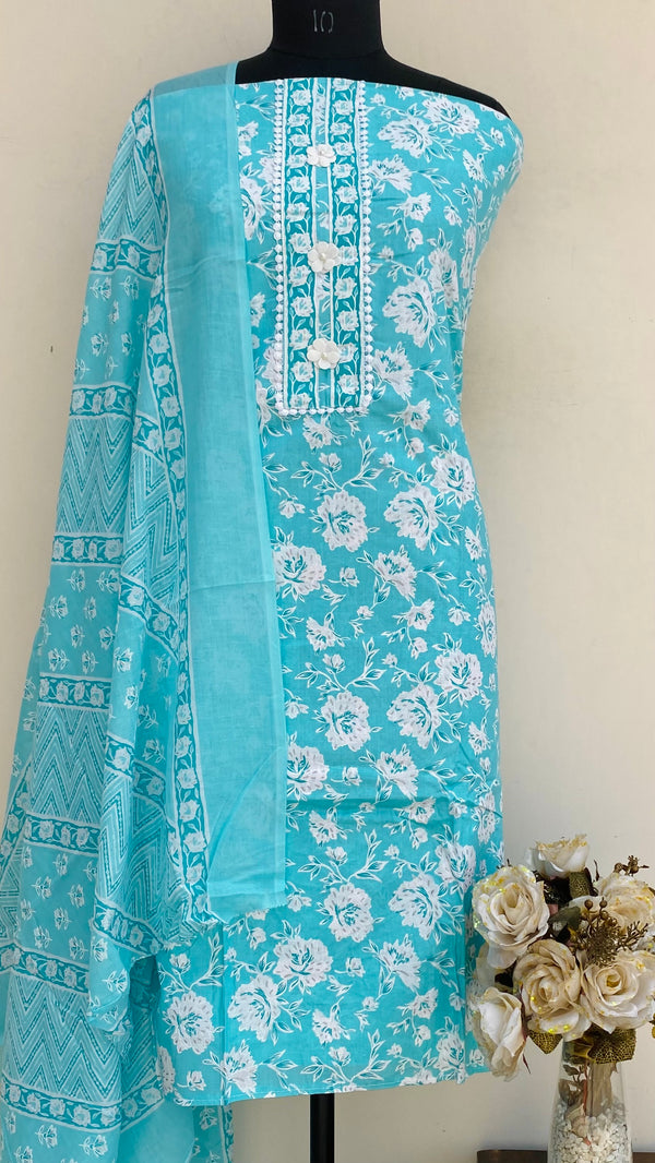 Designer Embroidered Suit Length 3 Piece Blue Mal Cotton