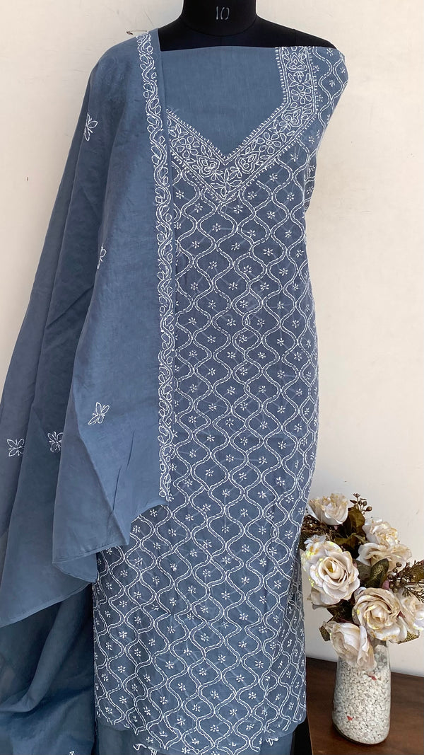 Lucknowi Chikankari Suit Length 3 Piece Gray Cotton With Embroidered Cotton Dupatta