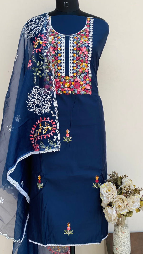 Designer Embroidered Suit Length 3 Piece Navy Blue Mal Cotton With Parsi Work